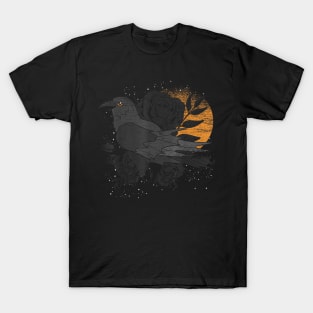 Gothic Black Rose and Crow - Forest Bird Creepy - Full Moon Raven T-Shirt